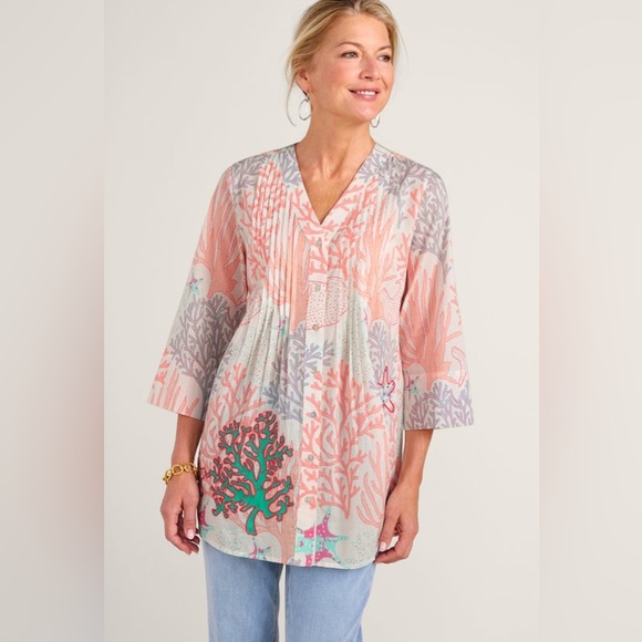 Soft Surroundings Malha Reef Tunic Cotton Embroider Sequin Button Shirt Blouse L - Picture 2 of 9